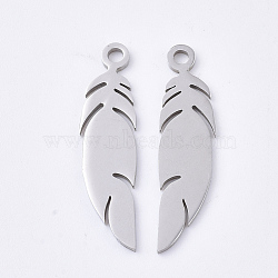 Tarnish Resistant 201 Stainless Steel Pendants, Feather, Stainless Steel Color, 25x6x1mm, Hole: 1.6mm(STAS-T045-45P)