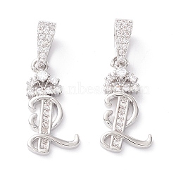 Eco-Friendly Brass Micro Pave Cubic Zirconia Pendants, Long-Lasting Plated, Real Platinum Plated, Cadmium Free & Lead Free, Letter, Letter.L, 16~20x7~11.5x1.5~2.2mm, Hole: 6.5x3.5mm(KK-K265-01P-L)