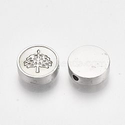 304 Stainless Steel Beads, with Shell, Flat Round with Tree of Life, Stainless Steel Color, 9.5~10x3mm, Hole: 1.5mm(X-STAS-S079-77B)