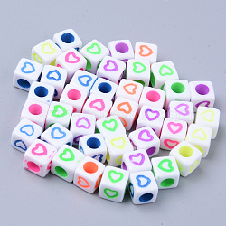 Opaque White Acrylic European Beads, Large Hole Beads, Cube with Heart, Mixed Color, 7x7x7mm, Hole: 4mm, about 1900~2000pcs/500g(MACR-S273-51-01)