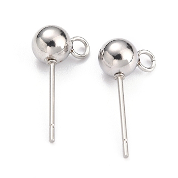 304 Stainless Steel Ball Post Stud Earring Findings, with Loop and 316 Surgical Stainless Steel Pin, Stainless Steel Color, 16x8x5mm, Hole: 1.8mm, Pin: 0.8mm