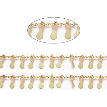 3.28 Feet Handmade Glass Beaded Chains, with Real 18K Gold Plated Brass Side Twisted Chains Curb Chains, Long-Lasting Plated, Soldered, Pink, 2.5x2x1mm, teardrop,: 10x3x3mm