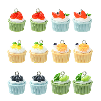 30Pcs 6 Styles Opaque Resin Pendants, Fruit Cupcake Charms, Imitation Food, with Platinum Tone Metal Loops, Mixed Color, 18~19x17~18mm, 5pcs/style