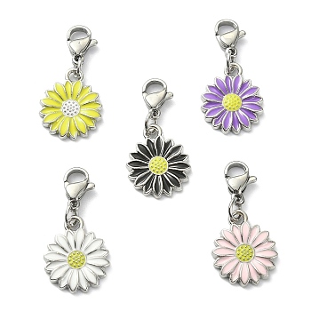 Alloy Enamel Pendant Decorations, with Stainless Steel Lobster Claw Clasps, Flower, Platinum, 27.5mm