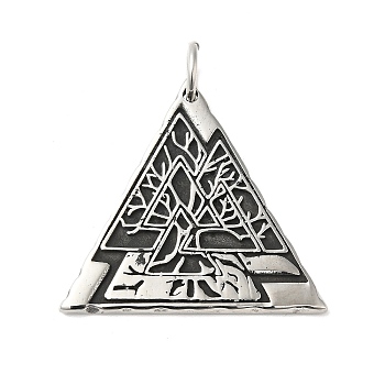 304 Stainless Steel Manual Polishing Pendants, with Jump Rings, Triangle with Valknut, Antique Silver, 38.5x41.5x2.5mm, Hole: 7mm