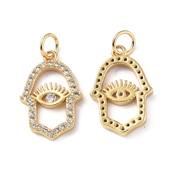 Brass Micro Pave Cubic Zirconia Pendants, with Jump Ring, Real 18K Gold Plated, Hamsa Hand/Hand of Miriam Charms, Clear, 18x11.5x2mm, Hole: 3.6mm
