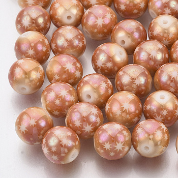 Christmas Electroplate Glass Beads, Round with Star Pattern, Rainbow Plated, 10mm, Hole: 1.2mm
