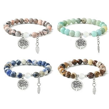 Natural & Synthetic Gemstone Stretch Bracelets, Alloy Tree of Life Charms Bracelets for Women, Inner Diameter: 2 inch(5.2cm), Beads: 8mm
