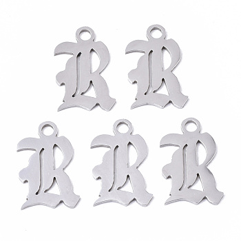 201 Stainless Steel Pendants, Laser Cut, Old English, Alphabet, Stainless Steel Color, Letter.R, 20x12x1mm, Hole: 2mm