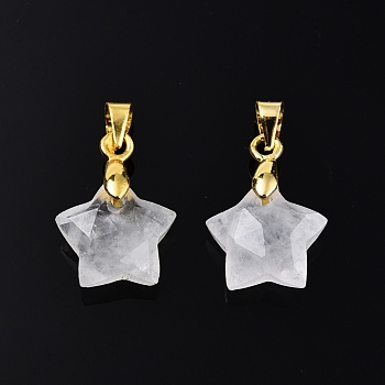 Natural Quartz Crystal Charms, Rock Crystal Charms, with Golden Plated Brass Pinch Bail, Star, Star: 12x12.5x5.5mm, Hole: 3.5x4mm