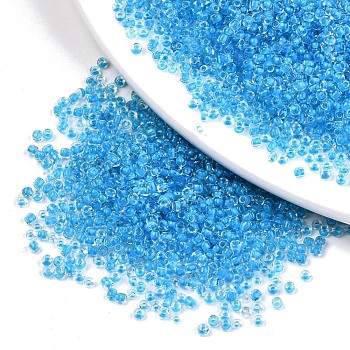 12/0 Glass Seed Beads, Transparent Inside Colours, Round Hole, Round, Deep Sky Blue, 12/0, 2~2.5x1.5~2mm, Hole: 0.8mm, about 6666pcs/100g