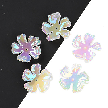 UV Plating Acrylic Beads Caps, Iridescent, 5-Petal Flower, Colorful, 30.5x30.5x6mm, Hole: 1.4mm