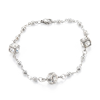 304 Stainless Steel Link Bracelets, Cube with Rhinestones, Stainless Steel Color, 7-1/2 inch(19cm)