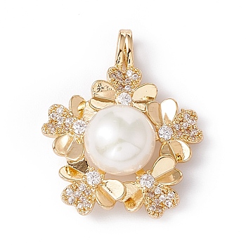 Natural Cultured Freshwater Pearl Pendants, with Brass Micro Pave Cubic Zirconia Findings, Golden, Flower, Clear, 27x22.5x9.5mm, Hole: 3.5x2mm