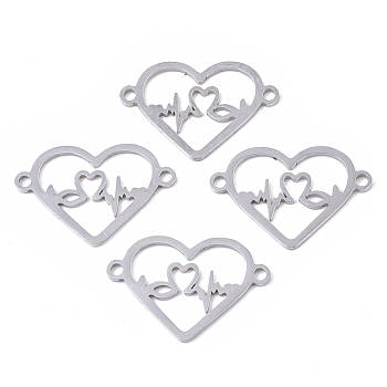 201 Stainless Steel Links connectors, Laser Cut, Heartbeat, Stainless Steel Color, 16.5x24.5x1mm, Hole: 1.4mm
