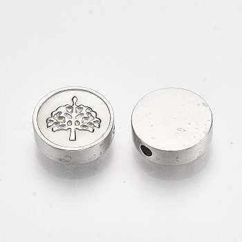 304 Stainless Steel Beads, with Shell, Flat Round with Tree of Life, Stainless Steel Color, 9.5~10x3mm, Hole: 1.5mm