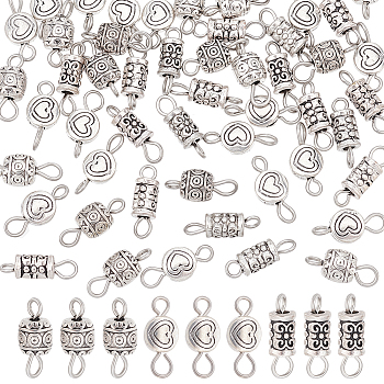 60Pcs 3 Styles Tibetan Style Alloy Connector Charms, with 304 Stainless Steel Loops, Flat Round & Column & Barrel, Antique Silver & Stainless Steel Color, 13.5~14.5x4.5~6x3~5.5mm, Hole: 2mm, 20pcs/style