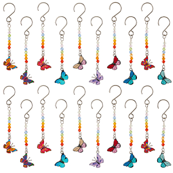 Alloy Enamel Butterfly Pendant Decorations, with Glass Beads and Stainless Steel S-Hook Clasps, Mixed Color, 80mm, 10 colors, 2pcs/color, 20pcs/set