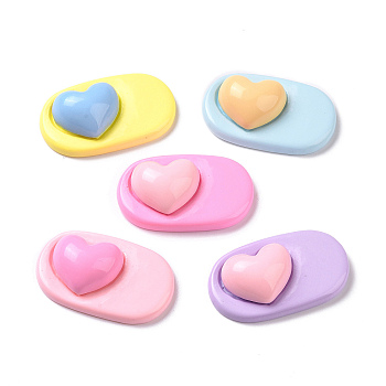 Cute Opaque Resin Cabochons, Oval with Heart, Mixed Color, 22.5x37x10mm