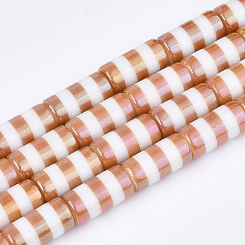 Electroplate Glass Beads Strands, Column with Stripe, Orange, 19.5~20x10mm, Hole: 1.4mm, about 15pcs/strand, 11.81 inch(30cm)
