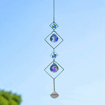 Metal Hanging Suncatchers, Glass Tassel for Home Garden Hanging Ornament, Rhombus, 420x45mm