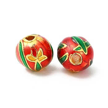 Alloy Enamel Beads, Rack Plating, Round with Flower Pattern, Matte Gold Color, Red, 9.5x9.5mm, Hole: 2mm