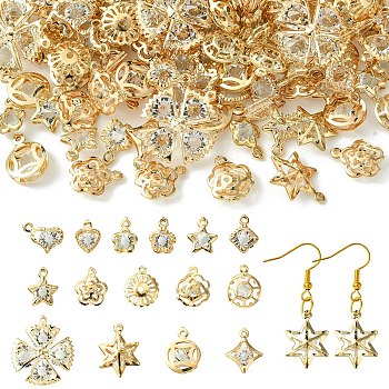 150Pcs 15 Styles Rack Plating Iron Pendants, with Crystal Rhinestone, Cadmium Free & Nickel Free & Lead Free, Mixed Shape, Light Gold, 13~26.5x9.5~22x4.5~7.5mm, Hole: 1~1.6mm, 10Pcs/style