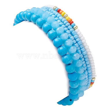 5Pcs 5 Style Evil Eye Lampwork & Synthetic Turquoise & Natural Pearl  Beaded Stretch Bracelets Set(BJEW-JB09708)-5