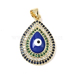 Brass Micro Pave Cubic Zirconia Pendants, with Enamel, Long-Lasting Plated, Rack Plating, Lead Free & Cadmium Free, Teardrop with Evil Eyes Charms, Real 18K Gold Plated, Blue, 24x16.5x7.5mm, Hole: 3.5x2mm(KK-H267-002G-01)