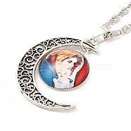 Glass Religion Fairy with Crescent Moon Pendant Necklace, Antique Silver Alloy Jewelry for Women, Red, 18.31 inch(46.5cm)(NJEW-P270-01A)