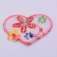 Computerized Embroidery Cloth Iron on/Sew on Patches, Costume Accessories, Appliques,  Heart with Flower, Pink, 37x56x1.5mm(DIY-TAC0008-19)