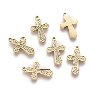 316 Surgical Stainless Steel Cubic Zirconia Tiny Cross Charms, Religion, Golden, 13.5x8.5x1.5mm, Hole: 1mm(X-STAS-F256-018G)