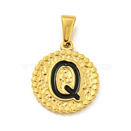 Ion Plating(IP) 304 Stainless Steel Enamel Pendants, Golden, Flat Round with Letter Charm, Letter Q, 21x18x2mm, Hole: 8x3.5mm(STAS-R231-19Q-G)