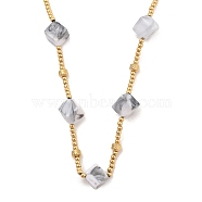 Golden Tone 304 Stainless Steel Boho Beaded Necklaces, Resin Cube Bib Necklaces for Women, Dark Gray, 17.32 inch(44cm)(NJEW-A032-01G-02)