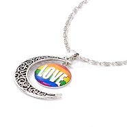 Rainbow Pride Necklace, Love Word Flat Round & Moon Pendant Necklace for Men Women, Antique Silver & Platinum, Word, 18.31 inch(46.5cm)(NJEW-F291-01A)