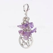 Natural Amethyst Chips Pendants, with Flat Round with Pentagram Pendants and Brass Lobster Claw Clasps, 46x17x8mm(HJEW-JM00260-05)