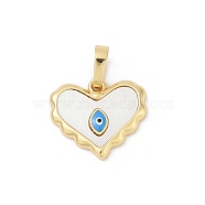 Brass Pave Natural White Shell Pendants, Enamel Evil Eye Heart Charms, Lead Free & Cadmium Free, Real 18K Gold Plated, Rack Plating, WhiteSmoke, 14x16x3mm, Hole: 6x3.5mm(KK-R213-09G)