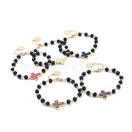 Druzy Acrylic Beaded Bracelets, with Natural Lava Rock Beads, Brass Findings and 304 Stainless Steel Lobster Claw Clasps, Cross, Golden, Mixed Color, 8-1/8 inch(20.5cm)(BJEW-JB04672-M)