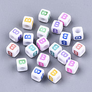 Opaque White Acrylic Beads, with Enamel, Horizontal Hole, Cube with Mixed Color Letter, Letter.B, 6x6x6mm, Hole: 3mm, about 2900pcs/500g(SACR-R252-02B)
