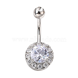 Piercing Jewelry Platinum Plated Brass Round Cubic Zirconia Navel Ring Navel Ring Belly Rings, with 304 Stainless Steel Bar, Clear, 28x12mm, Bar Length: 3/8"(10mm), Bar: 14 Gauge(1.6mm)(AJEW-EE0001-104A)