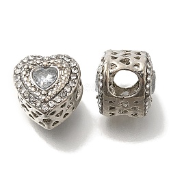 Rack Plating Alloy European Beads, with Rhinestone, Large Hole Beads, Lead Free & Cadmium Free, Heart, Platinum, 11.5x11.5x10.5mm, Hole: 5mm(FIND-H005-27P)