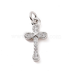 Brass Micro Pave Cubic Zirconia Pendants, with Jump Ring, Religion Cross Charm, Platinum, 15.5x8x2mm, Hole: 2.8mm(KK-C012-49P)