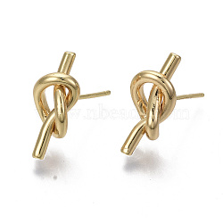 Brass Stud Earrings, with 925 Sterling Silver Pins, Nickel Free, Knot, Real 18K Gold Plated, 17x7.5mm, Pin: 0.7mm(X-KK-R132-061-NF)