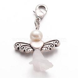 Glass Pearl Pendant, Tibetan Style Alloy Beads, Transparent Acrylic Beads, with Lobster Claw Clasp, Lovely Wedding Dress Angel Dangle, Antique Silver, White, 42x29x11mm(HJEW-JM00210-01)