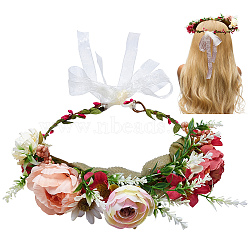 Cloth Artificial Flower Bridal Wreath, Leaf Crown Headbands, Photographic Prop, for Wedding, Beach, Party, Colorful, 220x70mm, Inner Diameter: 155mm(OHAR-WH0011-19)