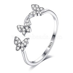 Anti-Tarnish Rhodium Plated 925 Sterling Silver Cuff Rings, Open Rings, with Cubic Zirconia, Butterfly, Clear, Platinum(RJEW-BB66961)