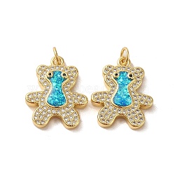 Brass Micro Pave Cubic Zirconia with Synthetic Opal Pendants, with Jump Ring, Bear, Real 18K Gold Plated, 21x17x3.5mm(KK-D096-21G)