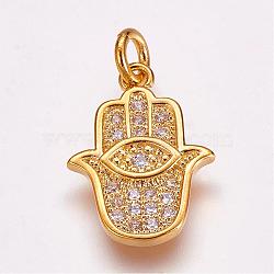 Brass Micro Pave Cubic Zirconia Pendants, Hamsa Hand/Hand of Fatima/Hand of Miriam, with Eye, Golden, 17x12.5x2mm, Hole: 3mm(ZIRC-G099-39G)