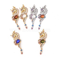 Brass Micro Pave Colorful Cubic Zirconia Pendants, with Real 18K Gold Plated Brass Loops & Glass, Cadmium Free & Nickel Free & Lead Free, Seahorse, Mixed Color, 36x16x5.5mm, Hole: 3.5mm(ZIRC-C030-03)