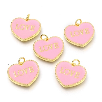 Brass Enamel Pendants, Long-Lasting Plated, Real 18K Gold Plated, with Jump Rings, for Valentine's Day, Heart with Word LOVE, Pink, 17.5x20x2.5mm, Hole: 3mm